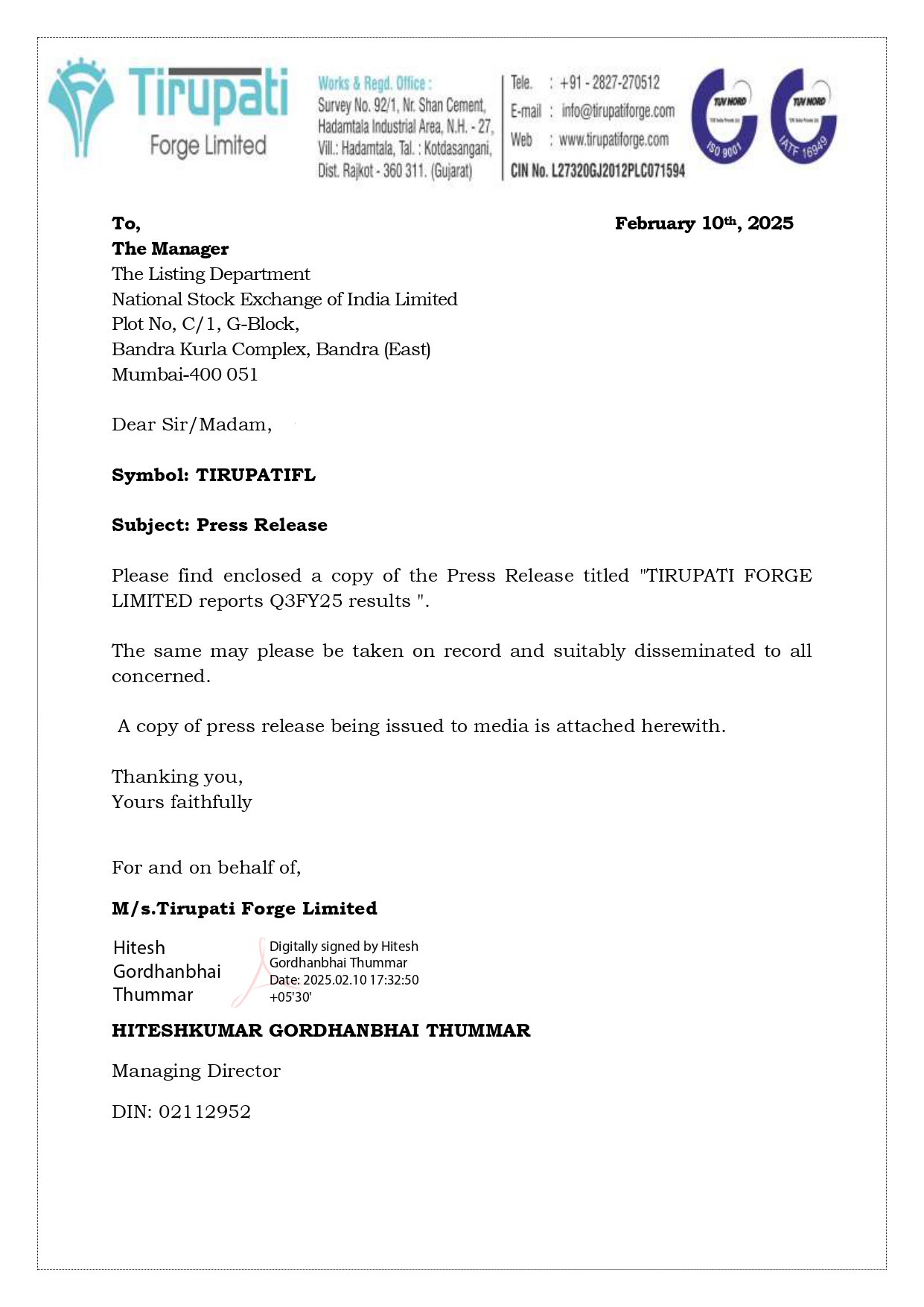 Press Release 10th February, 2025