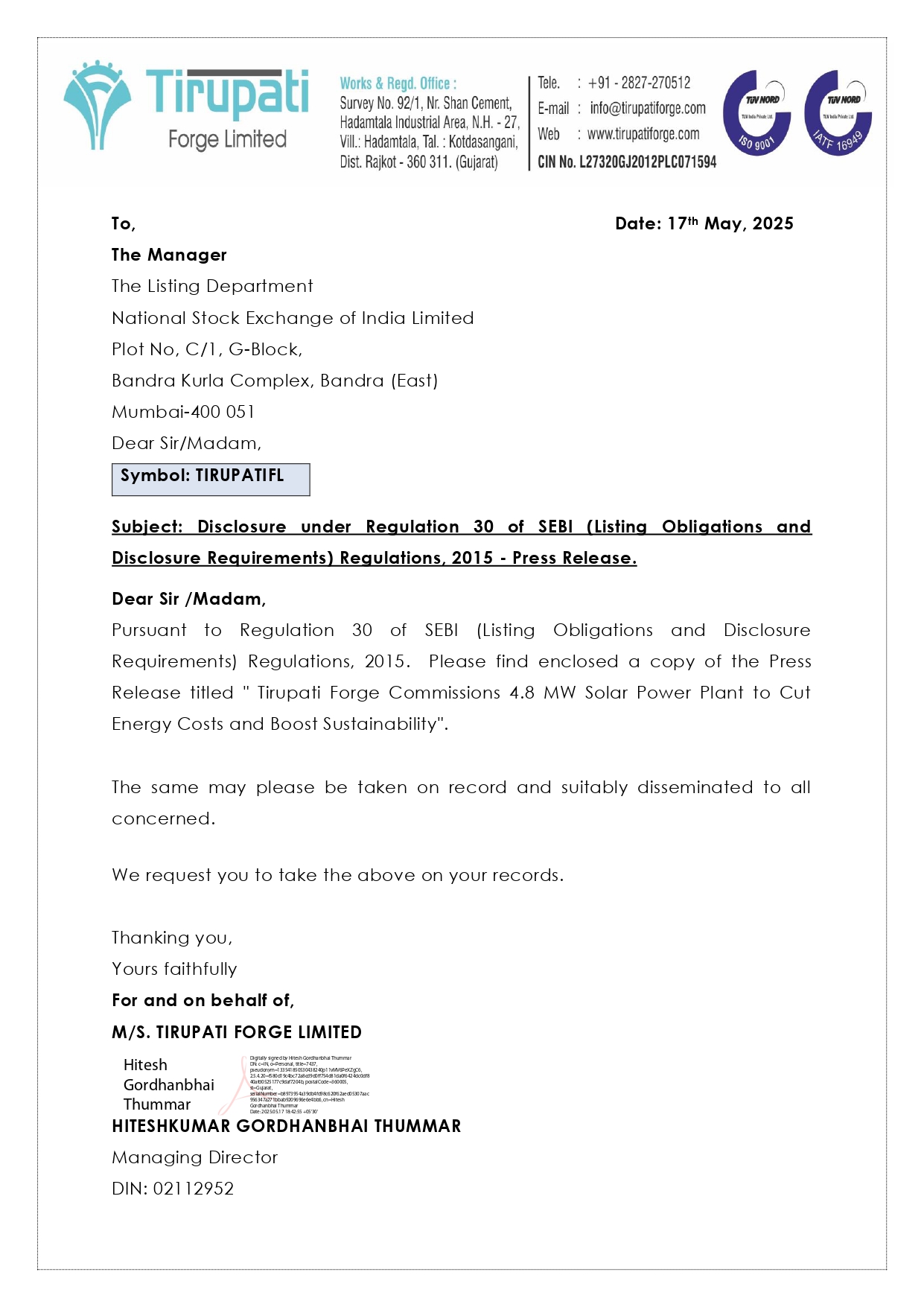 Press Release 17th May, 2025